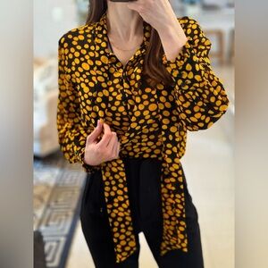 ZARA Sheer Blouse with bow Yellow Polka dot